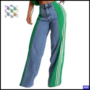 High Waisted Wide Leg Jeans Stretchy Patchwork Stripes Trendy Straight Leg Denim